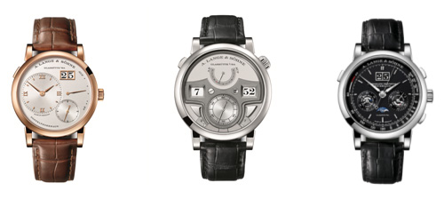 Exclusive timekeeping instruments from Saxony. The LANGE 1, the classic in the collection; centre: the ZEITWERK MINUTE REPEATER, the new face of time; right: the DATOGRAPH PERPETUAL TOURBILLON, the highlight among this year’s debuts.