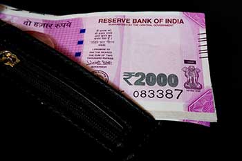 Indian rupee 2000 notes in black leather wallet