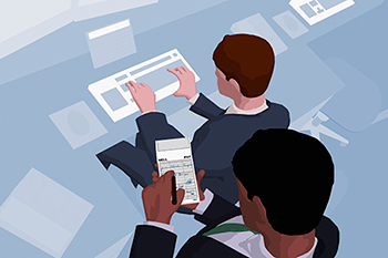 High angle view of two business executives working at the stock exchange